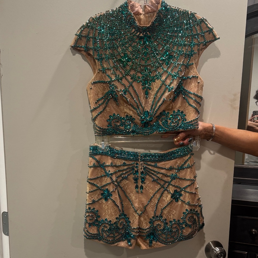 Sherri Hill Teal and Beige Embellished Set